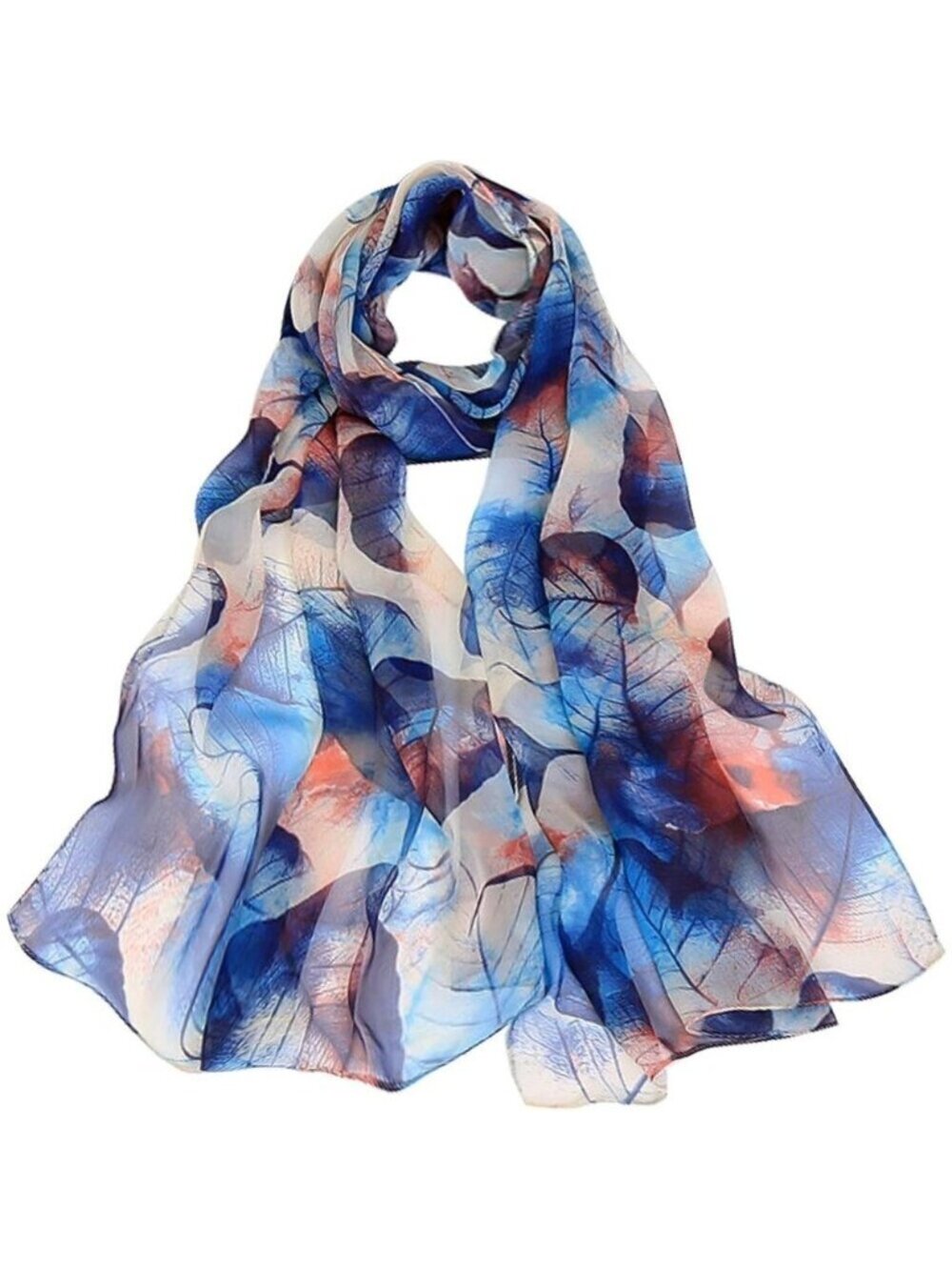 Women's Navy+orange Fashion Lightweight Head Scarf Floral Print Chiffon Scarves